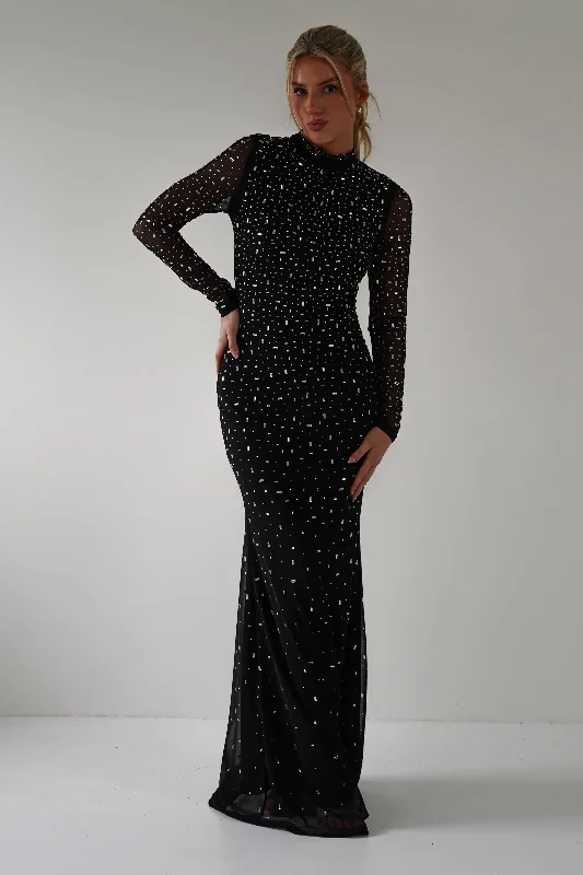 Talisa Bodycon Diamante Maxi Dress | Black Trendy V-Neck Maxi Dress