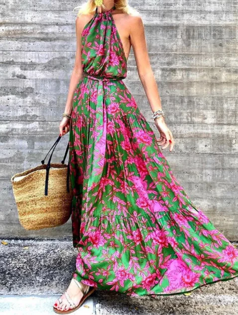 Unique Beach Floral Halter-neck Backless Bohemia Maxi Dress Stylish Longline Maxi Dress Unique Beach Floral Halter-neck Backless Bohemia Maxi Dress Stylish Longline Maxi Dress