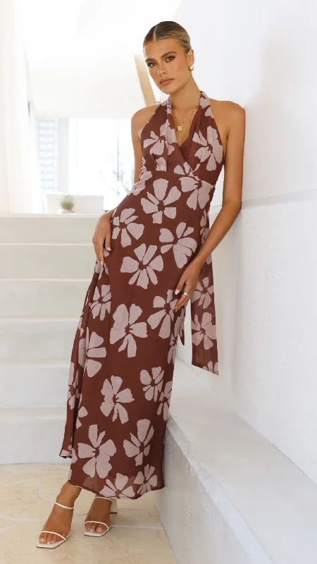 Vallissa Maxi Dress - Brown Floral Fashionable Printed Maxi Dress