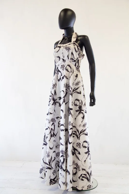 Vintage 1940s Monochrome Print Maxi Dress Comfortable Ruffle Hem Maxi Dress