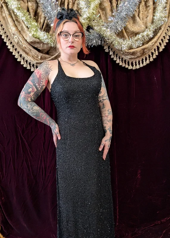 Vintage 90s Black Beaded Maxi Dress Comfortable Satin Maxi Dress