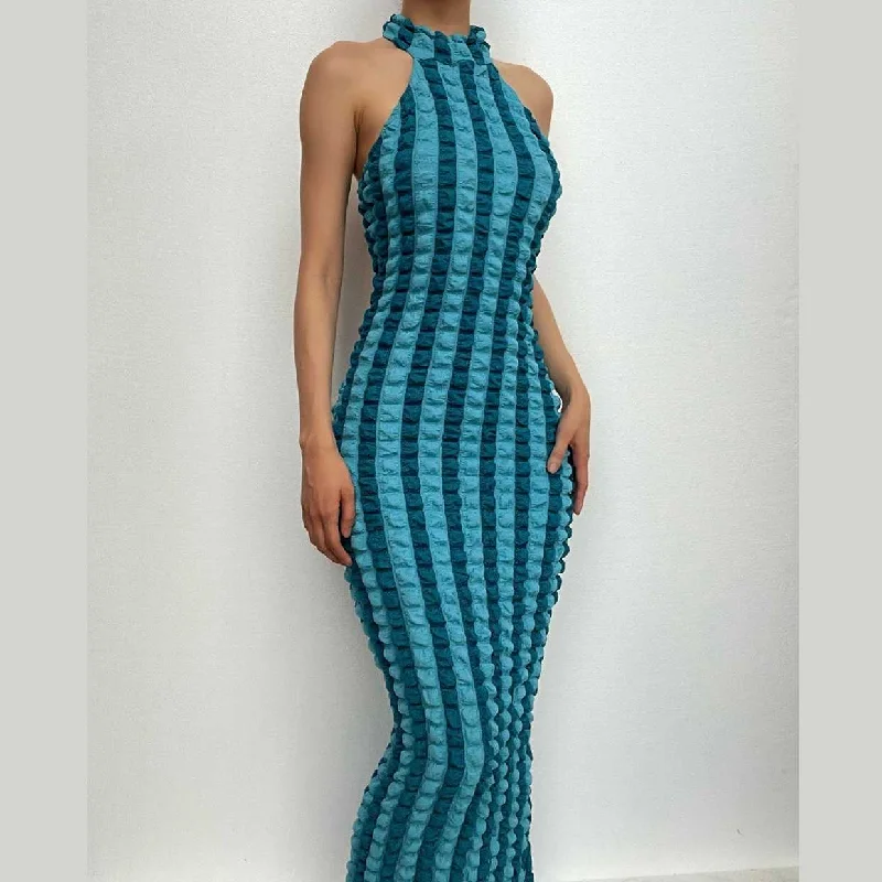 Waffle halter contrast backless high neck maxi dress Chic Summer Maxi Dress