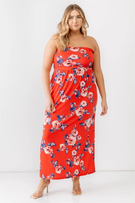 Plus Size Rose Flower Print Ruched Strapless Maxi Dress Elegant Maxi Dress with Pockets Plus Size Rose Flower Print Ruched Strapless Maxi Dress Elegant Maxi Dress with Pockets
