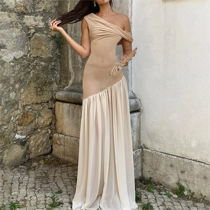 Women Clothing Summer Elegant Shoulder Stitching Mesh Slim Fit Maxi Dress Casual Maxi Dress with Pockets Women Clothing Summer Elegant Shoulder Stitching Mesh Slim Fit Maxi Dress Casual Maxi Dress with Pockets