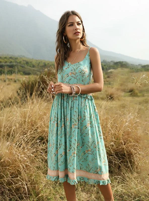 WOMEN FLORAL-PRINT SPLIT-JOINT SPAGHETTI MAXI DRESS Trendy Floral Print Maxi Dress