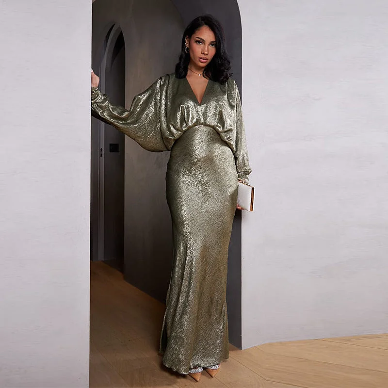 Women's Batwing Long Sleeve V Neck High Waist Sexy Maxi Dress Chic Summer Floral Maxi Dress Women's Batwing Long Sleeve V Neck High Waist Sexy Maxi Dress Chic Summer Floral Maxi Dress