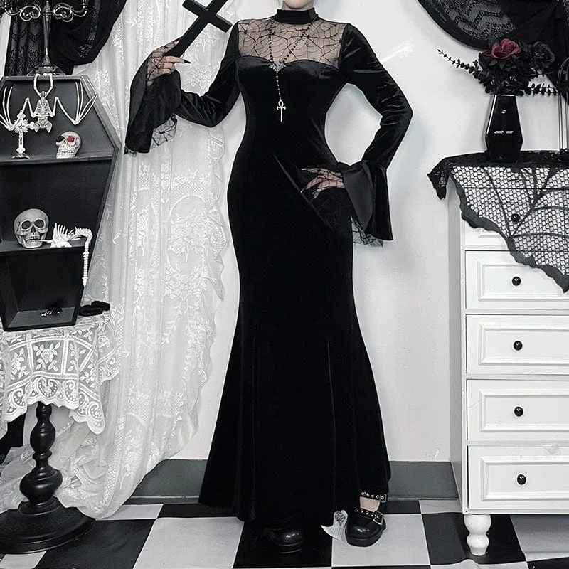 Women's Gothic Spider Mesh Lace Maxi Dress Trendy Fit-and-Flare Maxi Dress