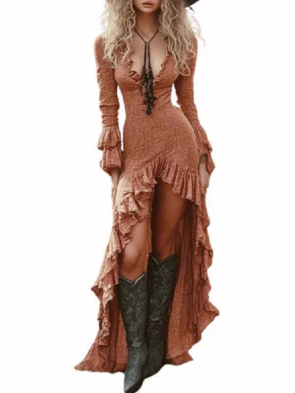 Women's Retro Ruffle Dress Sexy Deep V Neck Slim Irregular Long Dress Fall Winter Butterfly Sleeve Boho Maxi Dress Trendy Off-Shoulder Ruffle Maxi Dress Women's Retro Ruffle Dress Sexy Deep V Neck Slim Irregular Long Dress Fall Winter Butterfly Sleeve Boho Maxi Dress Trendy Off-Shoulder Ruffle Maxi Dress