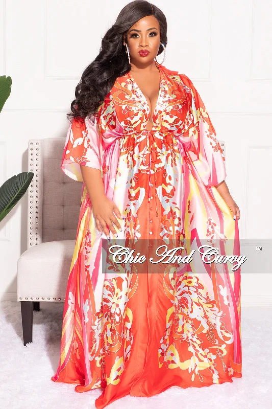 Final Sale Plus Size Satin Button Up Maxi Dress in Red Pink and Neon Yellow Design Print Classic A-Line Maxi Dress