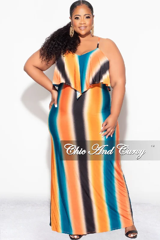 Final Sale Plus Size Maxi Dress with Spaghetti Straps & Overlay Ruffle in Orange, Black & Teal Vertical Stripes Comfortable Flowy Maxi Dress