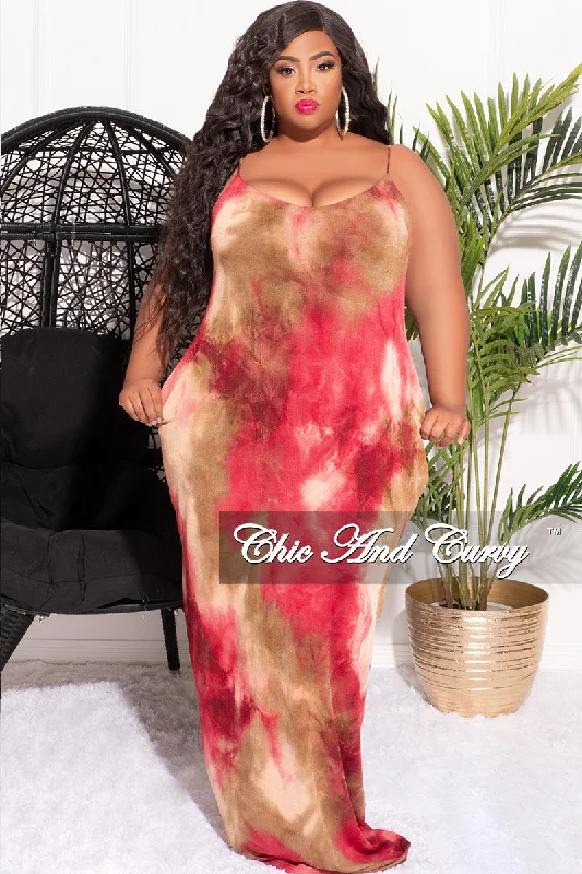 Final Sale Plus Size Spaghetti Strap Maxi Dress in Red and Brown Tie Dye Cozy Ribbed Maxi Dress