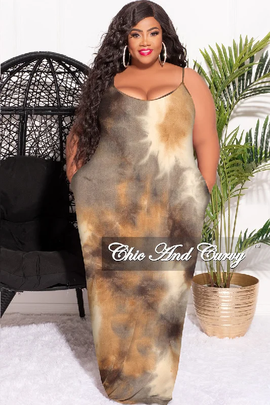 Final Sale Plus Size Spaghetti Strap Maxi Dress Brown Tie Dye Fashionable Halter Neck Maxi Dress