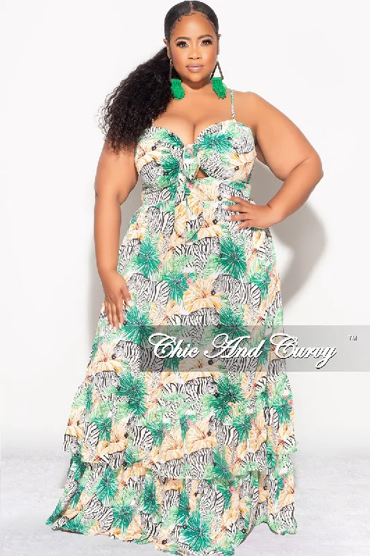 Final Sale Plus Size Tank Maxi Dress in Chiffon in Green with Zebra Print Summer Comfortable Long-Sleeve Maxi Dress