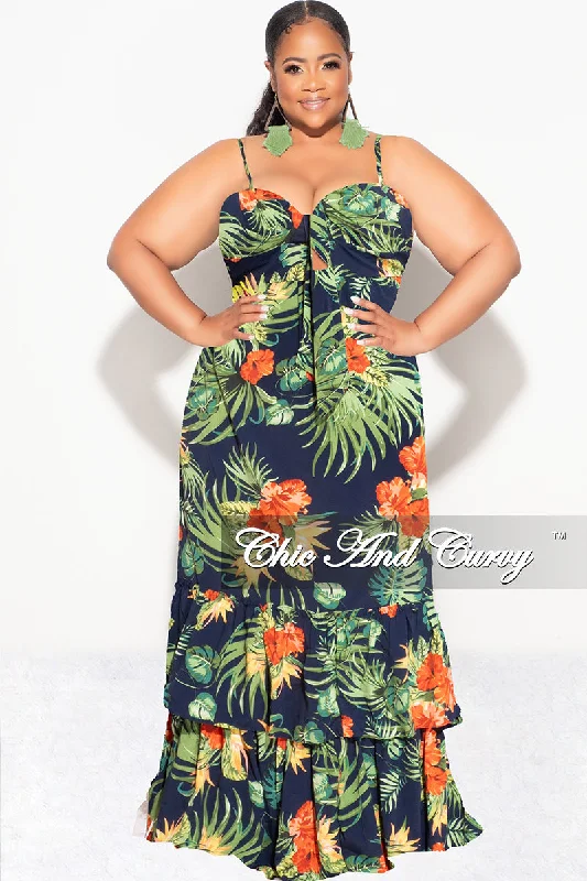 Final Sale Plus Size Tank Maxi Dress in Chiffon in Navy, Green & Orange Print Summer Comfortable Maxi Dress with Slits