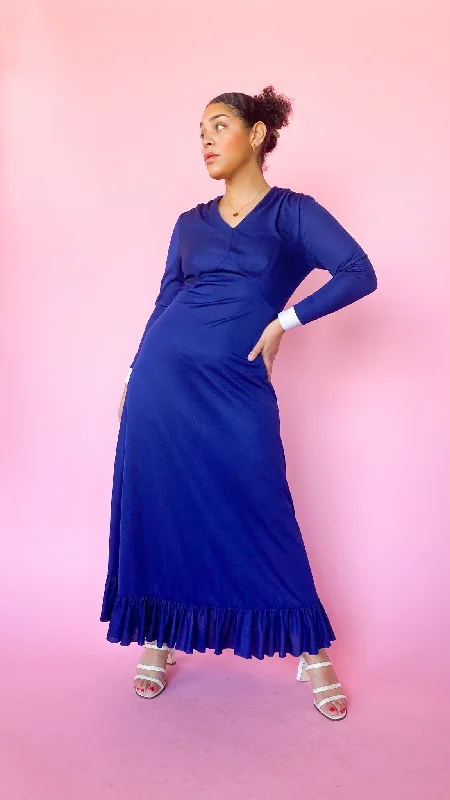 1970s Navy Blue Maxi Dress, sz. L Elegant Sleeveless Maxi Dress