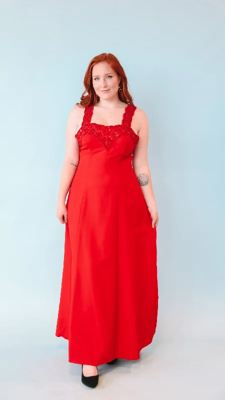 1990s Alyce Red Beaded Maxi Dress, sz. M/L Comfortable Satin Maxi Dress