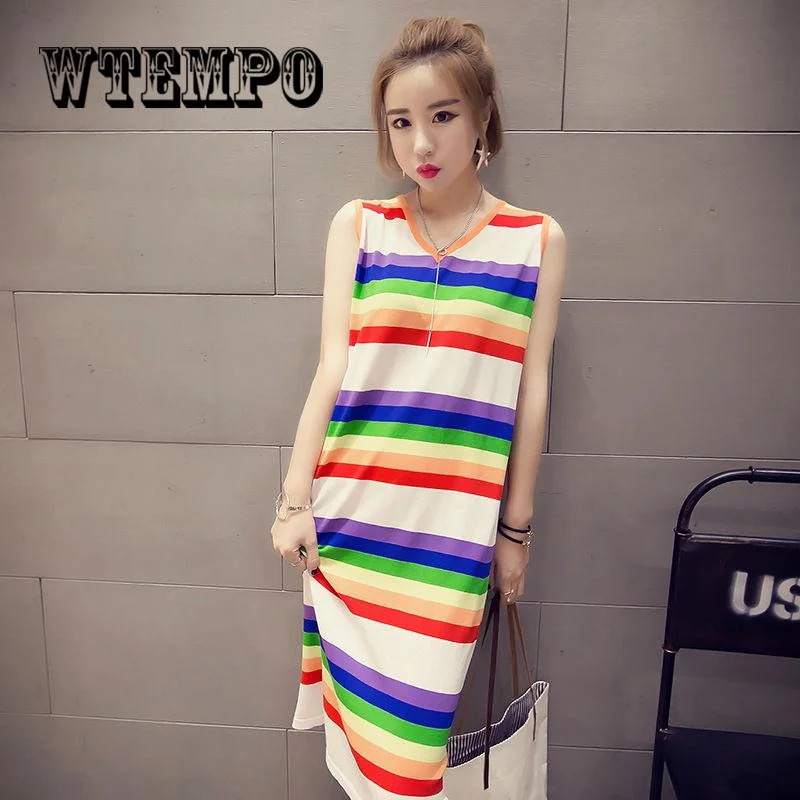 2019 Fashion Women Striped Boho Long Maxi Dress Newest Sleeveless Beach Vest Dresses Elegant Maxi Dress with Ruffles