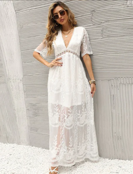 Summer Embroidery Lace Hollow Out Maxi Dress Trendy A-Line Maxi Dress