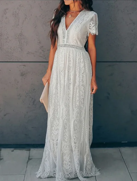 Summer New V Neck Embroidery Lace Hollow Out Maxi Dress Trendy Satin Maxi Dress