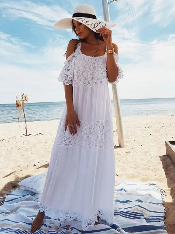 Women Fitshinling Bohemian Lace Patchwork Maxi Dresses Stylish V-Neck Maxi Dress