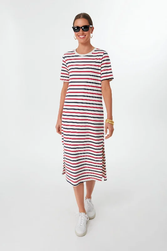 Americana Stripe Short Sleeve Gio Maxi Dress Elegant Maxi Dress with Pockets