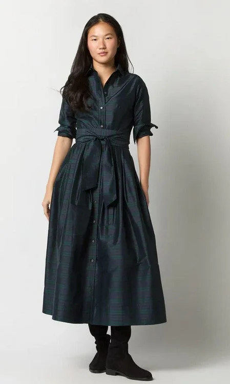 Ann Mashburn Classic Shirtwaist Maxi Dress - Blackwatch Silk Shantung Cozy Open-Back Maxi Dress