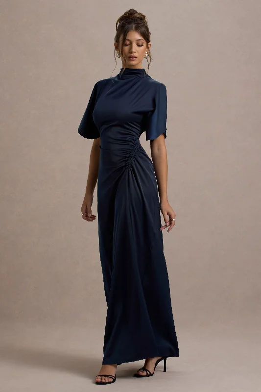 Audley | Navy Satin High-Neck Flutter-Sleeve Maxi Dress Elegant Floral Maxi Dress