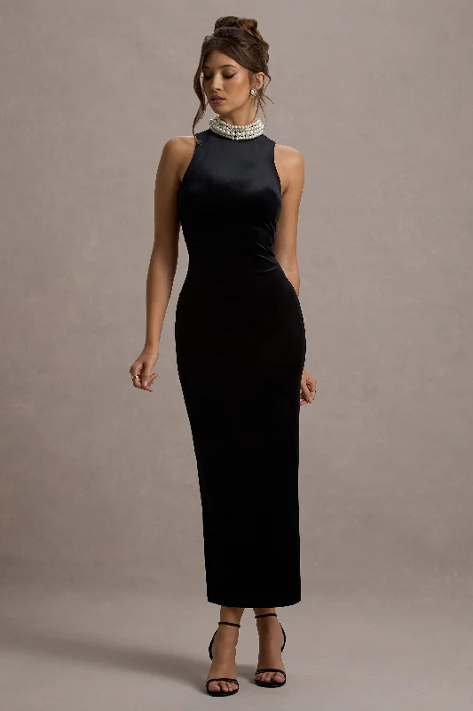 Audrine | Black Velvet Embellished High-Neck Maxi Dress Trendy Fit-and-Flare Maxi Dress