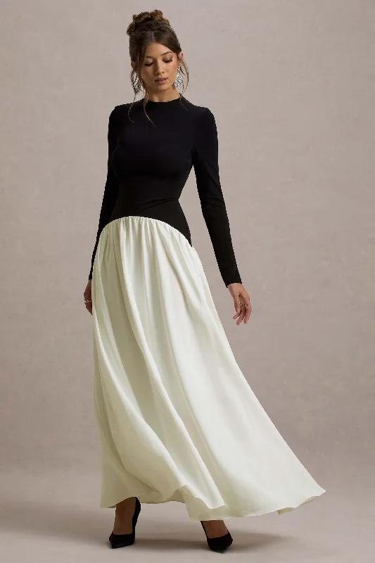 Benedetta | Black & Cream Long-Sleeve Drop-Waist Maxi Dress Elegant Maxi Dress with Lace