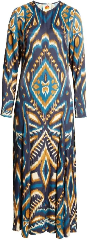 Farm Rio Women's Long Sleeve Satin Maxi Dress, Pineapple Ikat Blue Cozy Maxi Dress with Slit