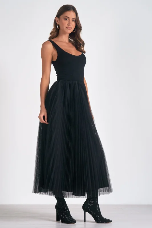 Black Maxi Dress Tulle Skirt Cozy Maxi Dress with Slit