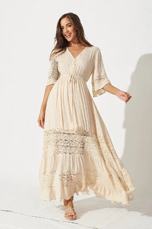 Boheme Maxi Dress In Cream Comfortable Long-Sleeve Maxi Dress