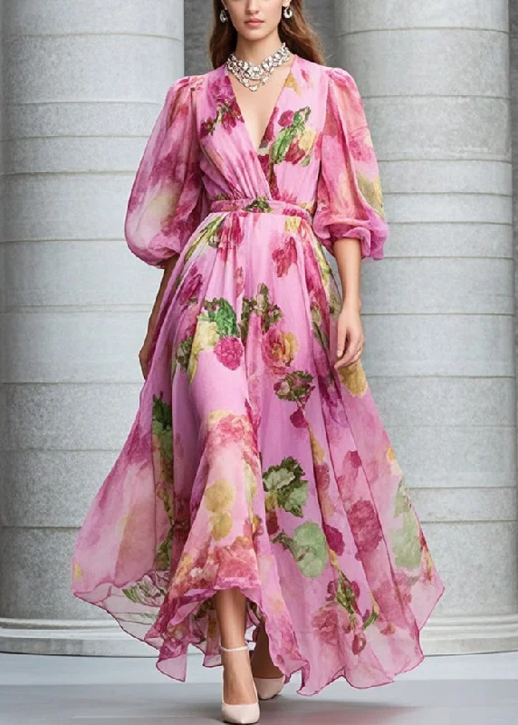 Boutique Rose Print Exra Large Hem Chiffon Maxi Dresses Fall Comfortable Bohemian Maxi Dress