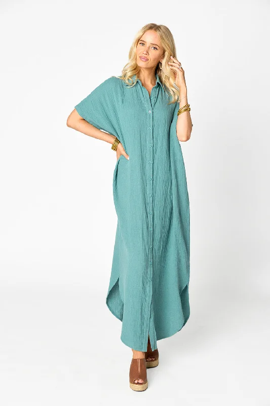 Carmen Cover Up Caftan Maxi Dress - Moss Casual Maxi Dress with Pockets