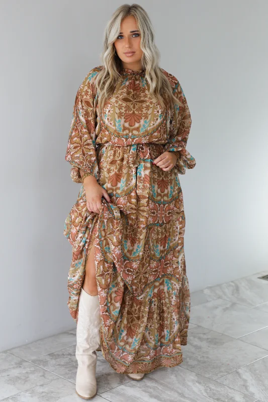 Charming Glance Maxi Dress: Caramel/Multi Elegant Boho Maxi Dress