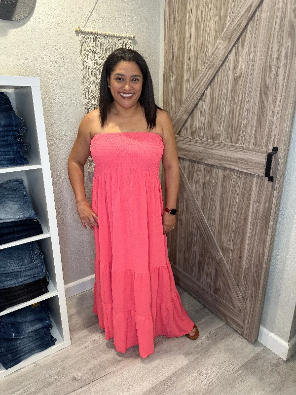 Coral Strapless Smocked Tiered Summer Maxi Dress Fashionable Button-Down Maxi Dress