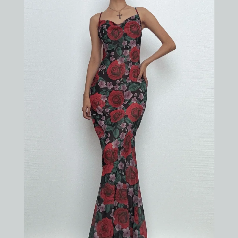 Cowl neck flower print contrast backless cami maxi dress Comfortable Casual Maxi Dress