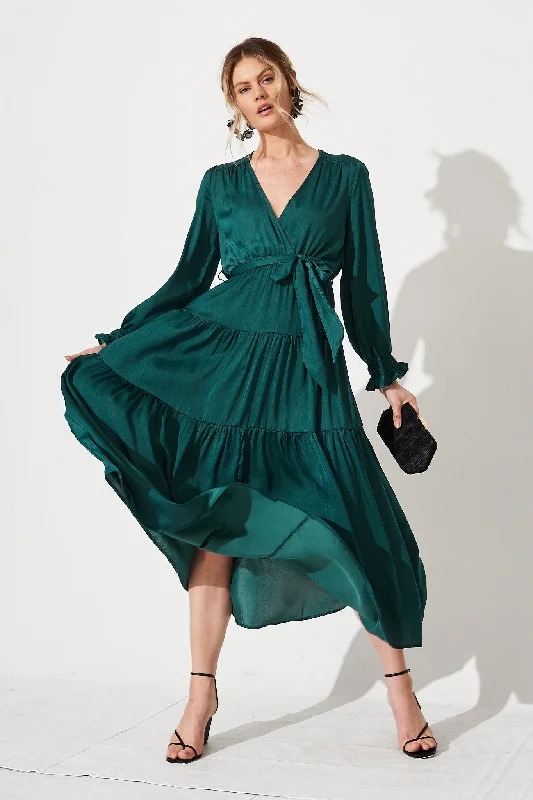 Dominique Maxi Dress In Emerald Satin Classic Solid Maxi Dress