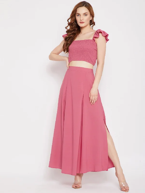 Berrylush Women Solid Pink Square Neck Crepe Smocked Co-Ordinate Maxi Dress Comfortable Fit-and-Flare Maxi Dress