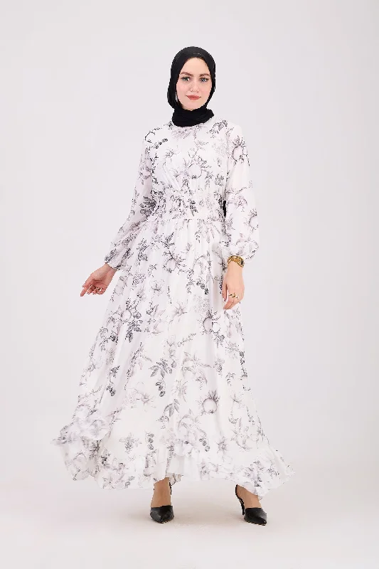 Sawsan Ethereal Floral Chiffon Maxi Dress with Cinched Waist Comfortable Long-Sleeve Maxi Dress