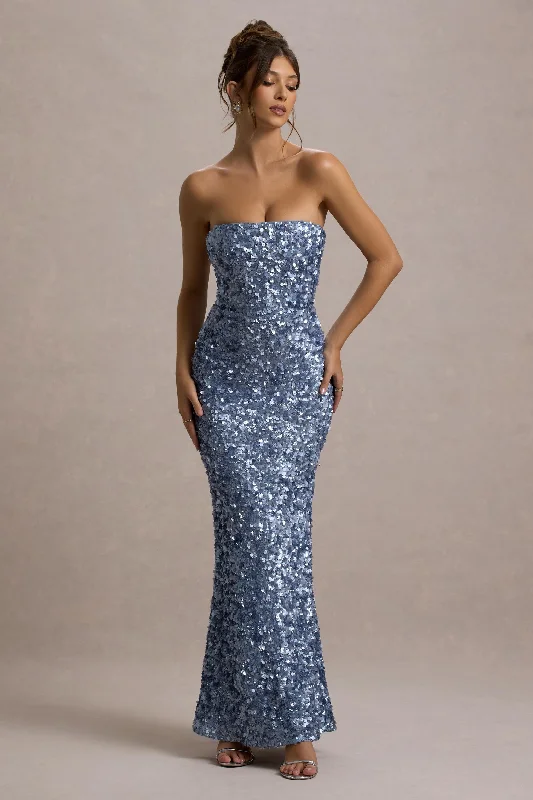 Evabeth | Powder Blue Sequin Strapless Maxi Dress Elegant Boho Maxi Dress