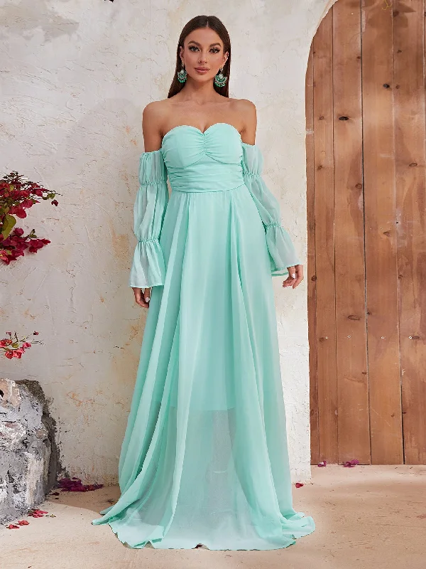 Fantasy Serenade Off-Shoulder Green Maxi Dress Fashionable Sheer Maxi Dress