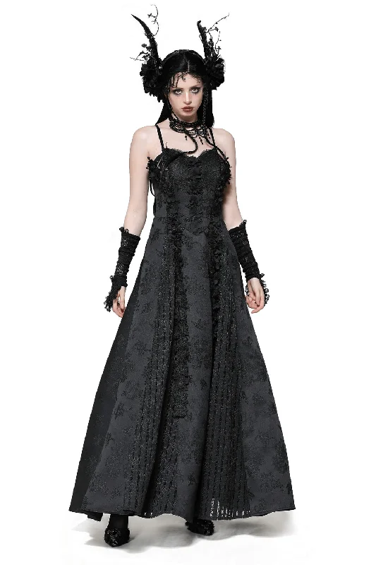 Female Lace Gothic Maxi Dress with Floral Embroidery Stylish V-Neck Maxi Dress