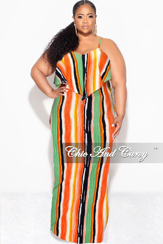 Final Sale Plus Size Maxi Dress with Spaghetti Straps & Overlay Ruffle in Multi-Color Vertical Stripes Elegant Silk Maxi Dress