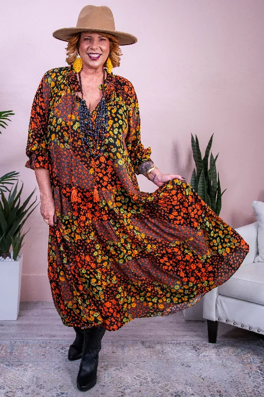 Garden Dreams Orange/Multi Color Floral Color Block Maxi Dress - D5527OR Comfortable Maxi Dress with Slits