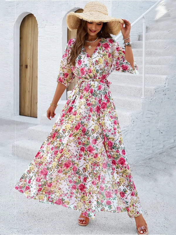 Garden Elegance Flowy Rose Print Maxi Dress Stylish Button-Up Maxi Dress