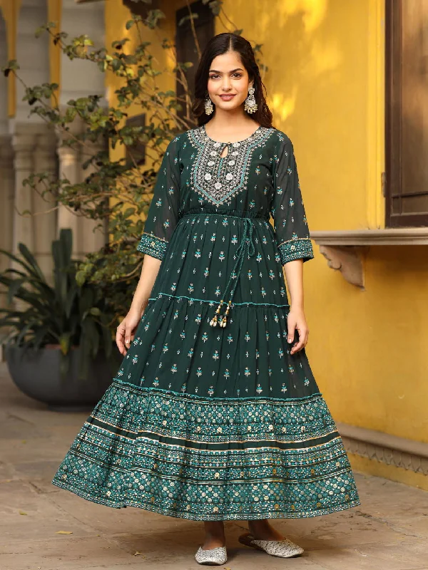 Jashvi Green Ethnic Motif Printed Georgette Maxi Dress & Dori With Thread Work Trendy Fit-and-Flare Maxi Dress