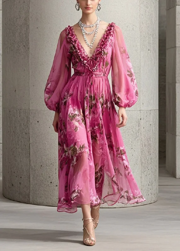 Handmade Rose Ruffled Print Chiffon Maxi Dress Fall Comfortable Maxi Dress with Belt