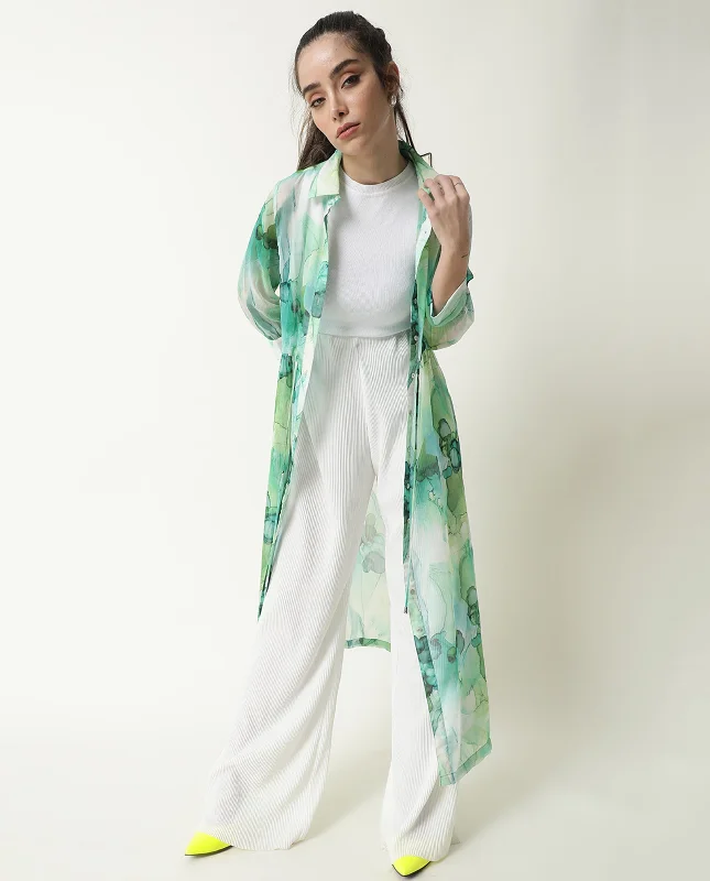 Rareism Women Jamaica Green Printed Shirt Collar Full Sleeves Front Button Placket Waist Drawstring Pockets Maxi Dress Comfortable Ruffle Maxi Dress