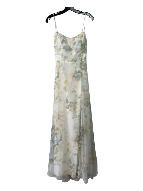 Jenny Yoo Size 10 Creme, Green & Peach Polyester Chiffon Floral Maxi Dress Elegant Maxi Dress with Drapes